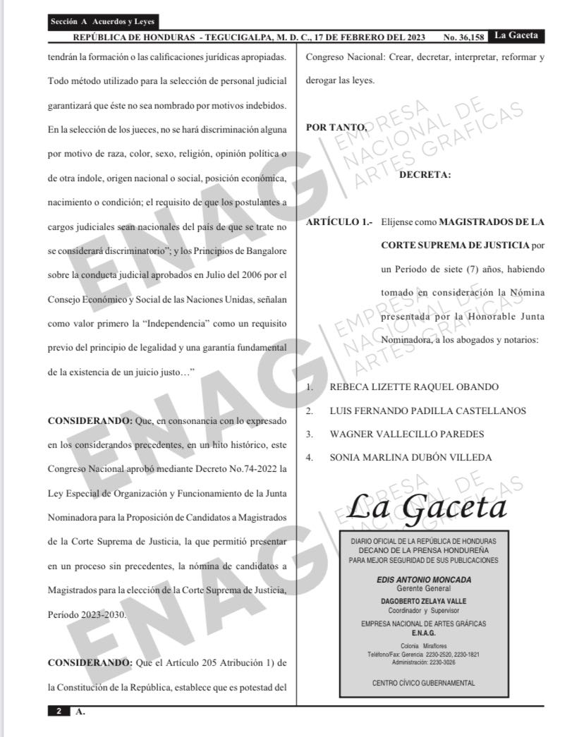 Publicado en el Diario Oficial La Gaceta el decreto que acredita a los magistrados de la Corte Suprema de Justicia para el período 2023 - 2030